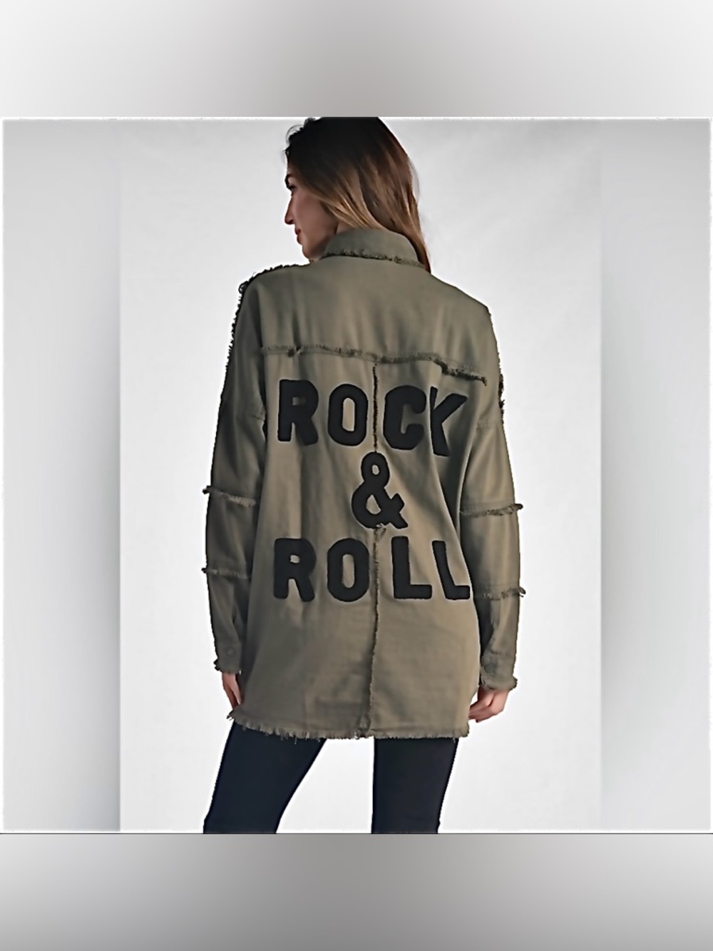 ELAN Rock & Roll Shirt Jacket Frayed Rag Puffy Letters 3D Green Size M Shacket